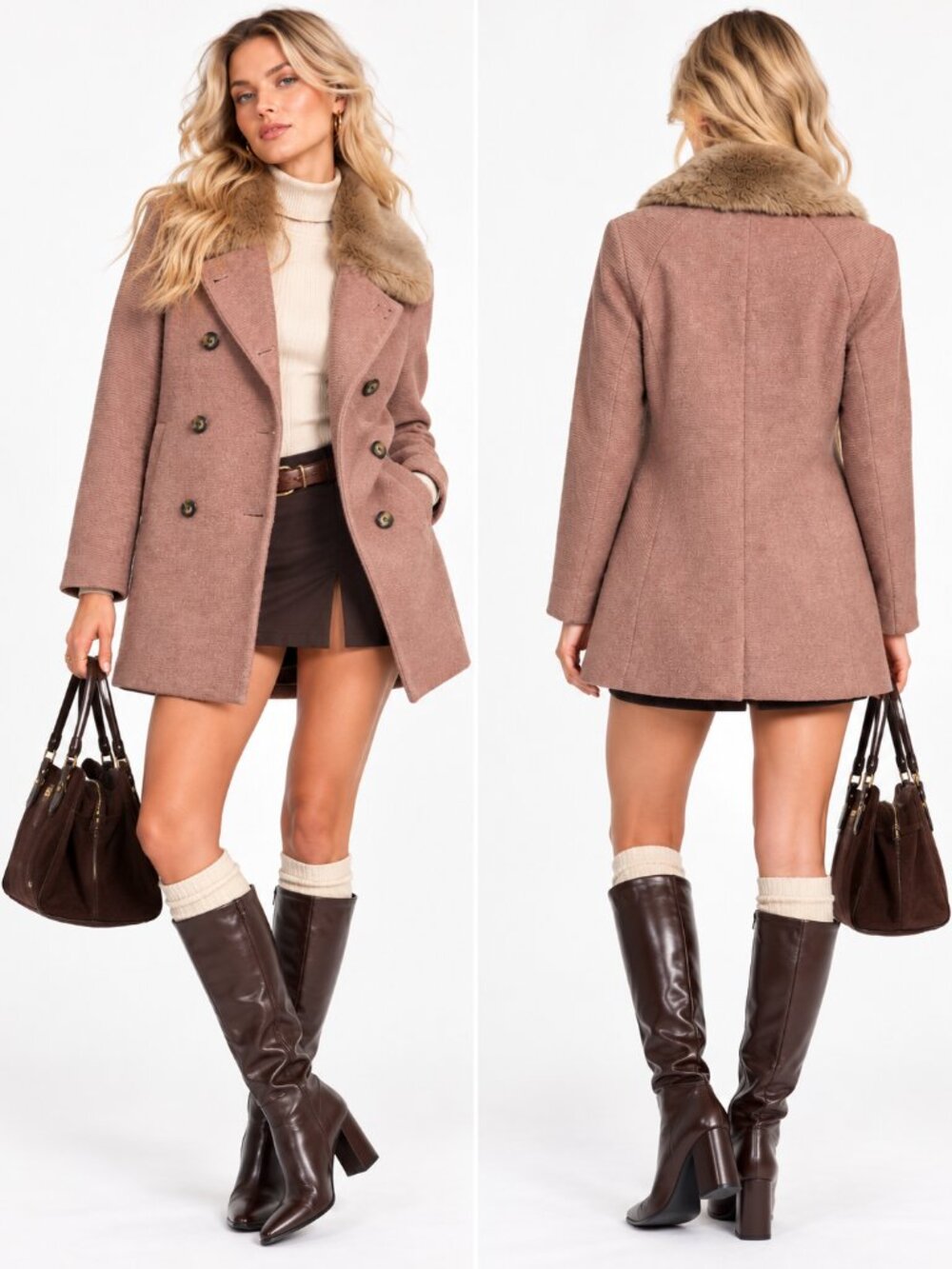 Zara Basic Dusty Pink Wool Blend Faux Fur Pea Coat Women Size M Double Breasted